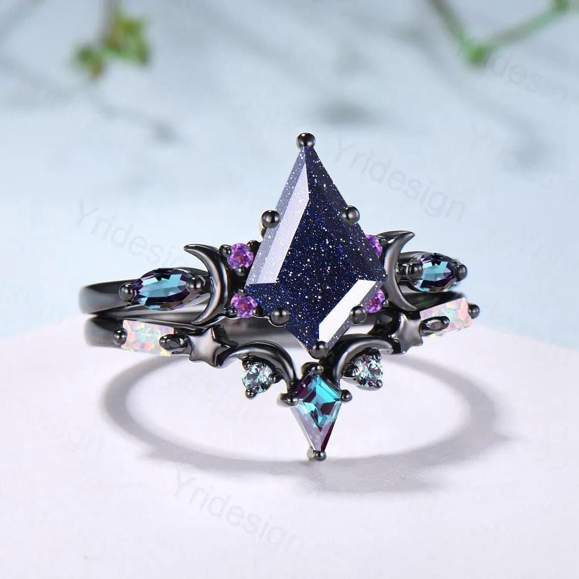 Vintage kite cut blue sandstone engagement ring set Crescent moon star alexandrite amethyst cluster ring unique gothic bridal ring set women - PENFINE