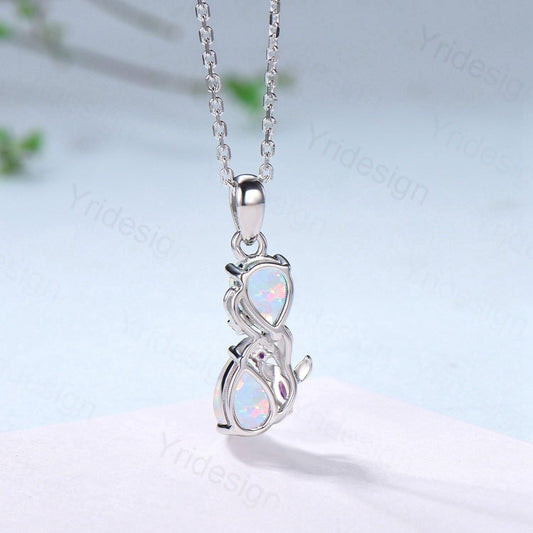 Handmade White Opal Pendant Necklace, Amethyst Accent, 14K Gold - PENFINE