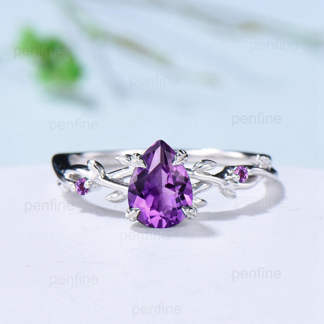 Vintage Amethyst Ring Set Pear Shaped Purple Amethyst Engagement Ring Nature Inspired Wedding Set Art Deco February Birthstone Jewelry Gift - PENFINE