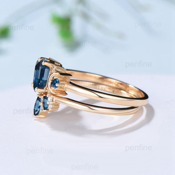 Unique London blue topaz engagement ring set hexagon cut 14k yellow gold moon wedding ring Elegant November birthstone bridal ring set women - PENFINE
