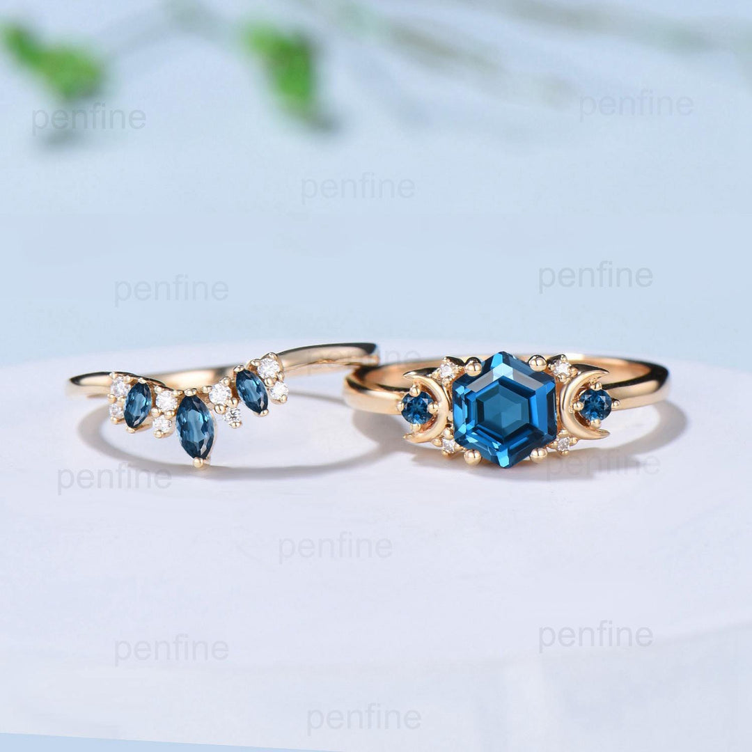 Unique London blue topaz engagement ring set hexagon cut 14k yellow gold moon wedding ring Elegant November birthstone bridal ring set women - PENFINE