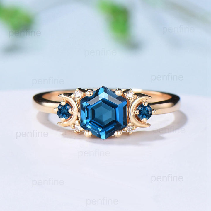 Unique London blue topaz engagement ring set hexagon cut 14k yellow gold moon wedding ring Elegant November birthstone bridal ring set women - PENFINE