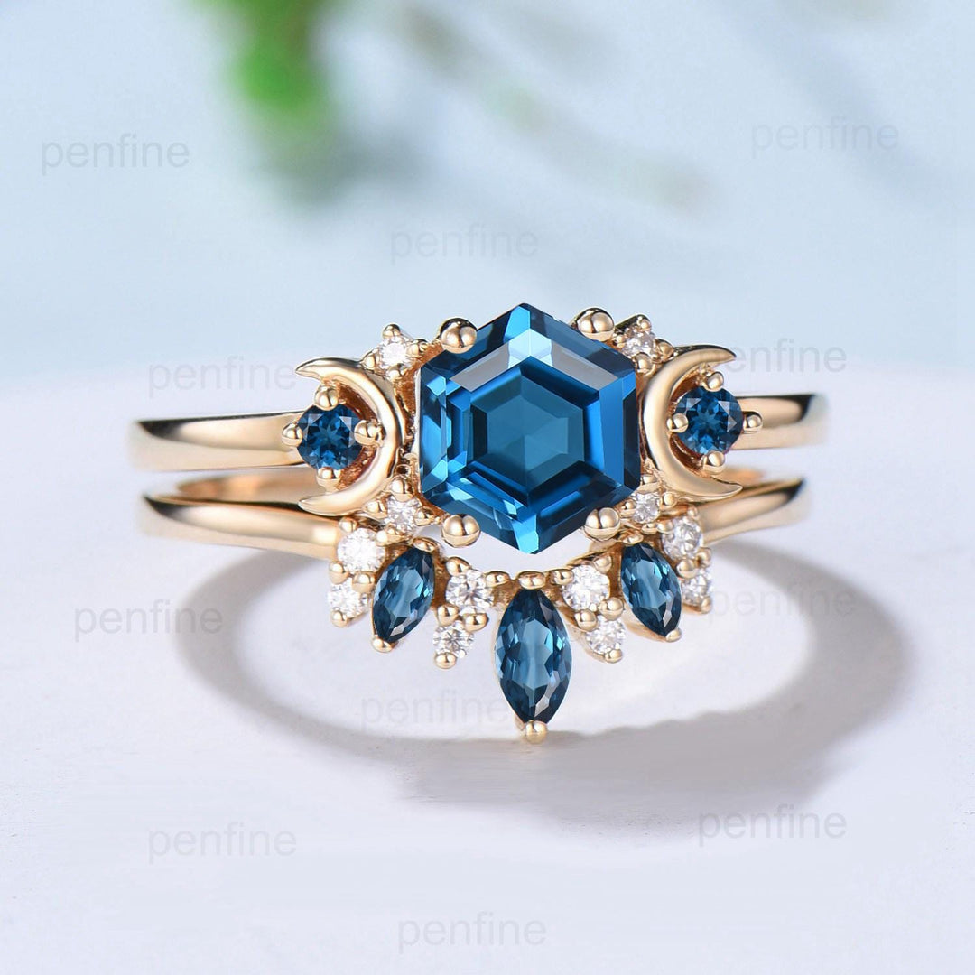 Unique London blue topaz engagement ring set hexagon cut 14k yellow gold moon wedding ring Elegant November birthstone bridal ring set women - PENFINE