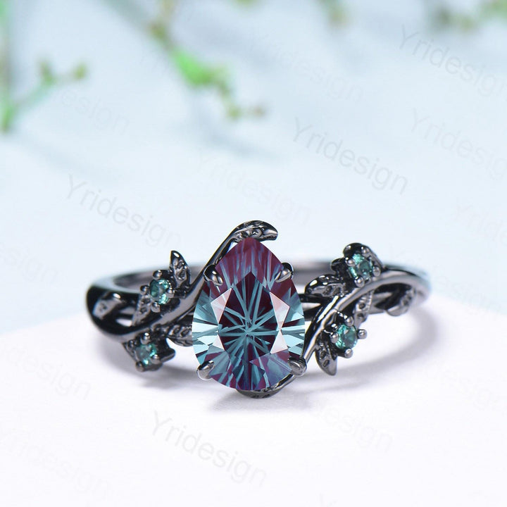Twig Vine Fireworks Cut Alexandrite Ring Set Unique Black Gold Nature Inspired Engagement Ring Cluster Emerald Five Stone Wedding Bridal Set - PENFINE
