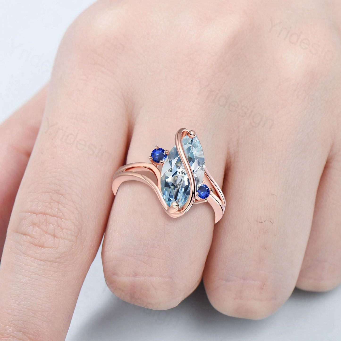 Marquise Aquamarine Engagement Ring, Split Shank, Sapphire Accents - PENFINE