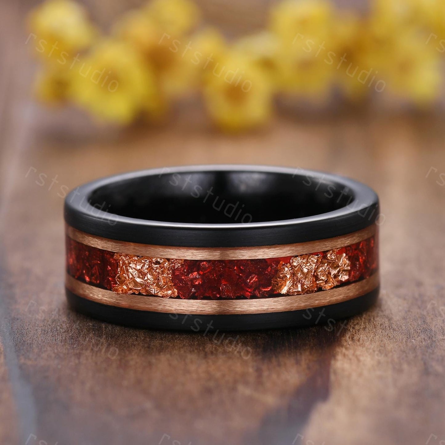 Gothic Black Gold Garnet Couple Ring Set: Tungsten Wedding Band