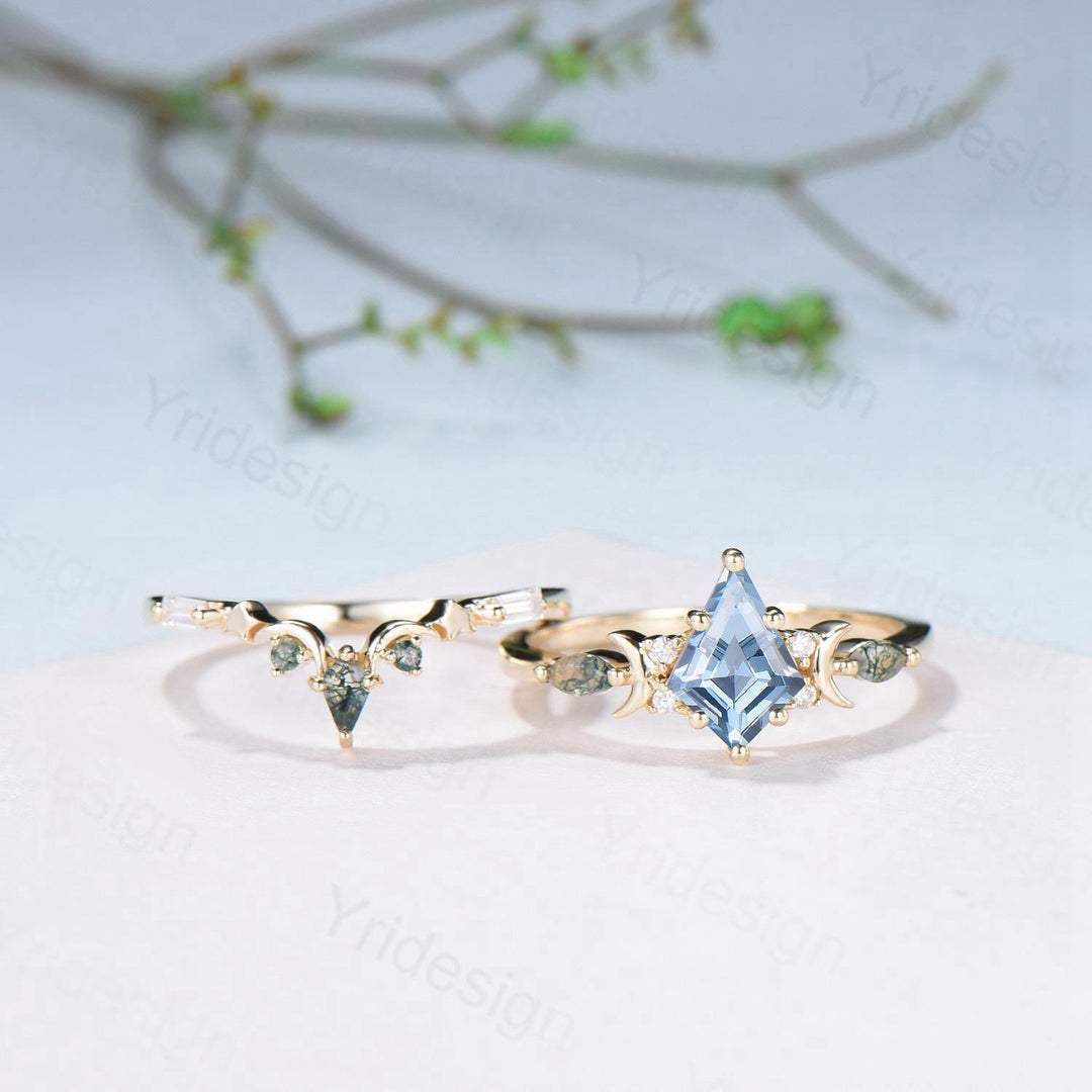 Vintage Kite Cut Natural Aquamarine Engagement Ring Set Yellow Gold Moon Star Cluster Moss Agate Wedding Ring Elegant March Birthstone Ring - PENFINE