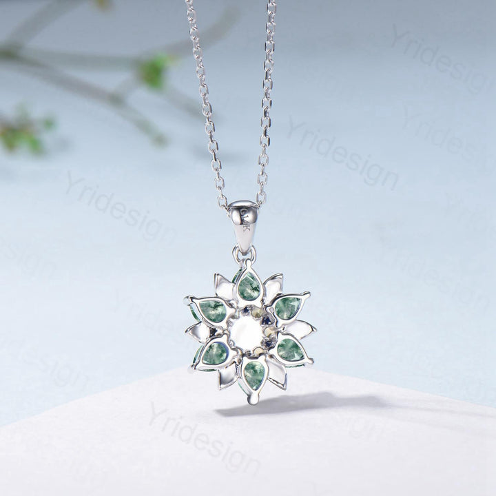 Unique Sunflower Moss Agate Necklace Elegant Natural Inspired Agate Emerald Necklace Double Halo Floral Pendant Leaf Vine Anniversary Gift - PENFINE
