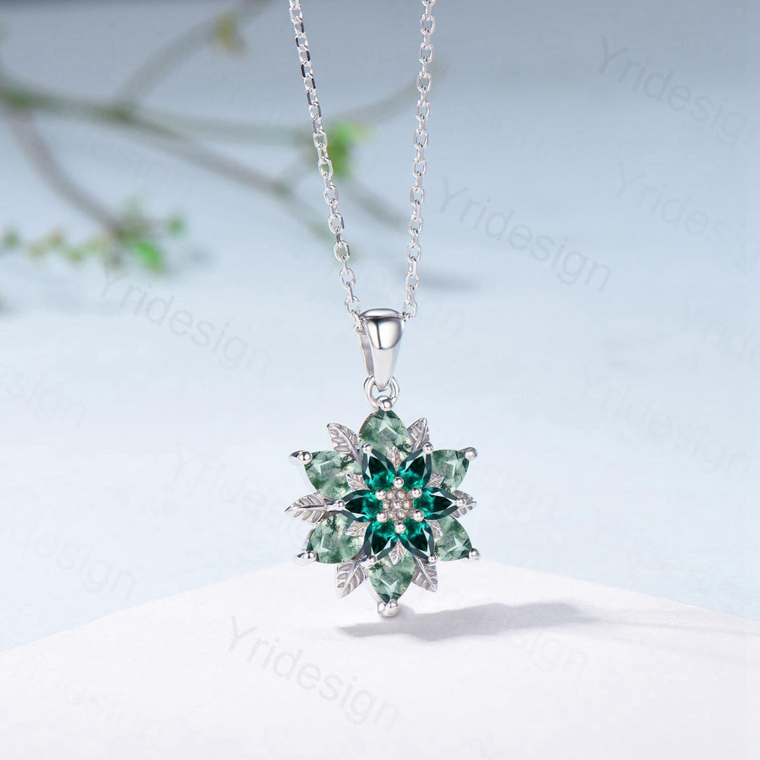 Unique Sunflower Moss Agate Necklace Elegant Natural Inspired Agate Emerald Necklace Double Halo Floral Pendant Leaf Vine Anniversary Gift - PENFINE