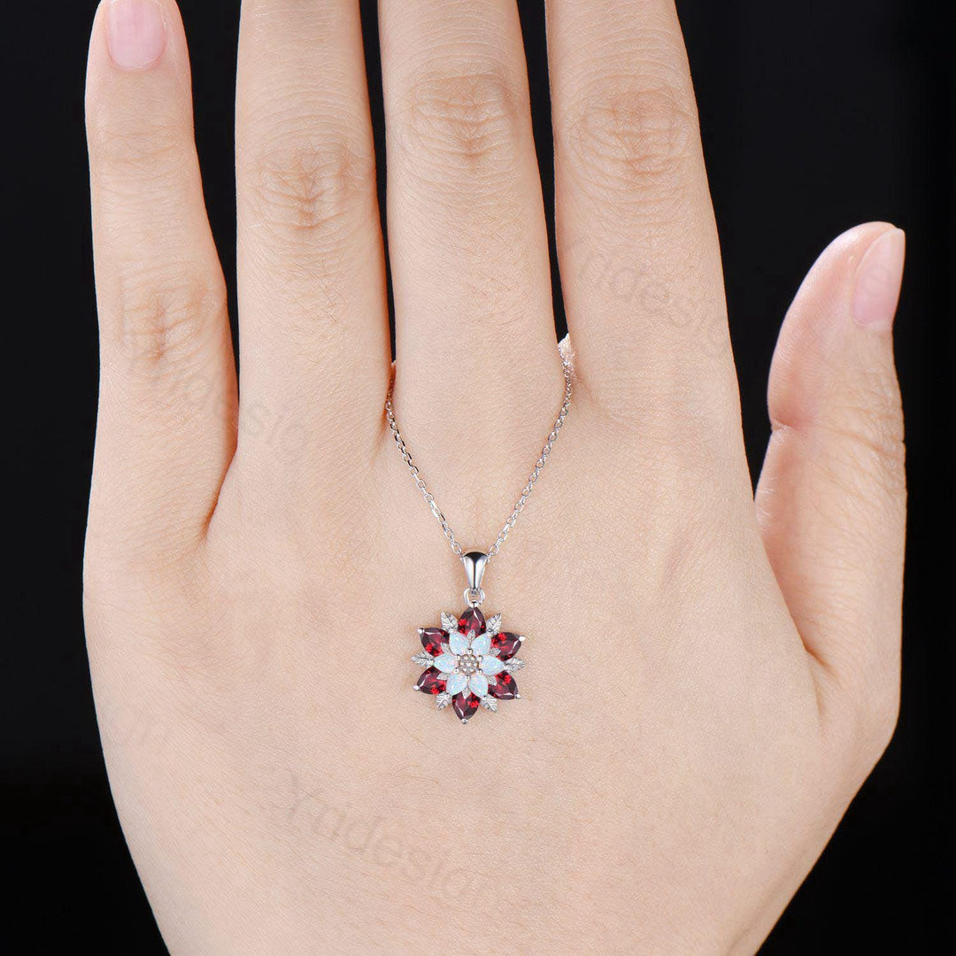 Unique Sunflower Opal Ruby Necklace Elegant Natural Inspired Necklace Double Halo Ruby Opal Floral Pendant Jewelry Anniversary Promise Gift - PENFINE