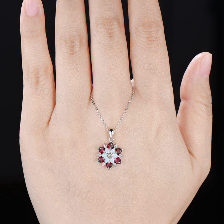 Unique Sunflower Opal Ruby Necklace Elegant Natural Inspired Necklace Double Halo Ruby Opal Floral Pendant Jewelry Anniversary Promise Gift - PENFINE