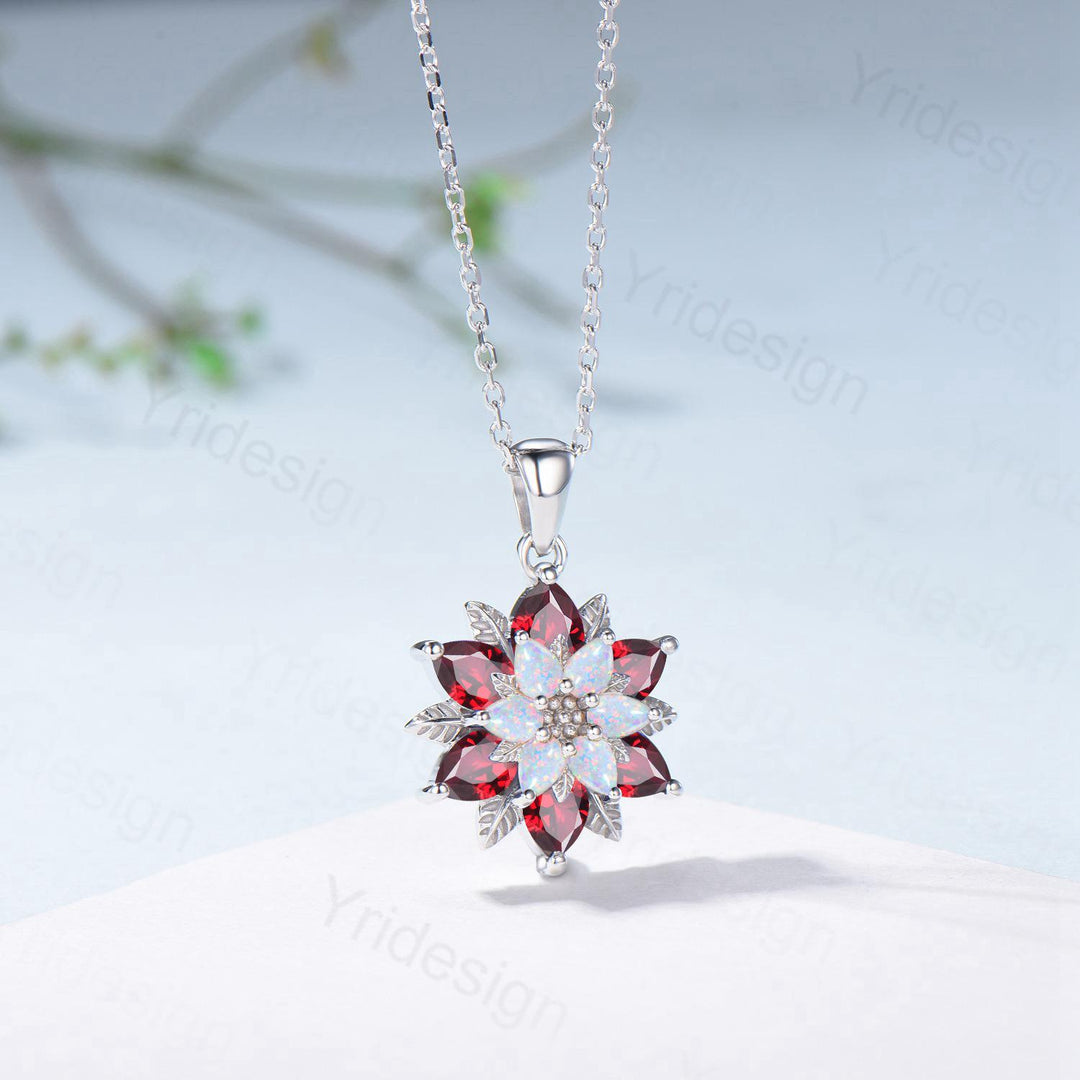 Unique Sunflower Opal Ruby Necklace Elegant Natural Inspired Necklace Double Halo Ruby Opal Floral Pendant Jewelry Anniversary Promise Gift - PENFINE
