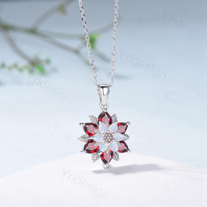 Unique Sunflower Opal Ruby Necklace Elegant Natural Inspired Necklace Double Halo Ruby Opal Floral Pendant Jewelry Anniversary Promise Gift - PENFINE