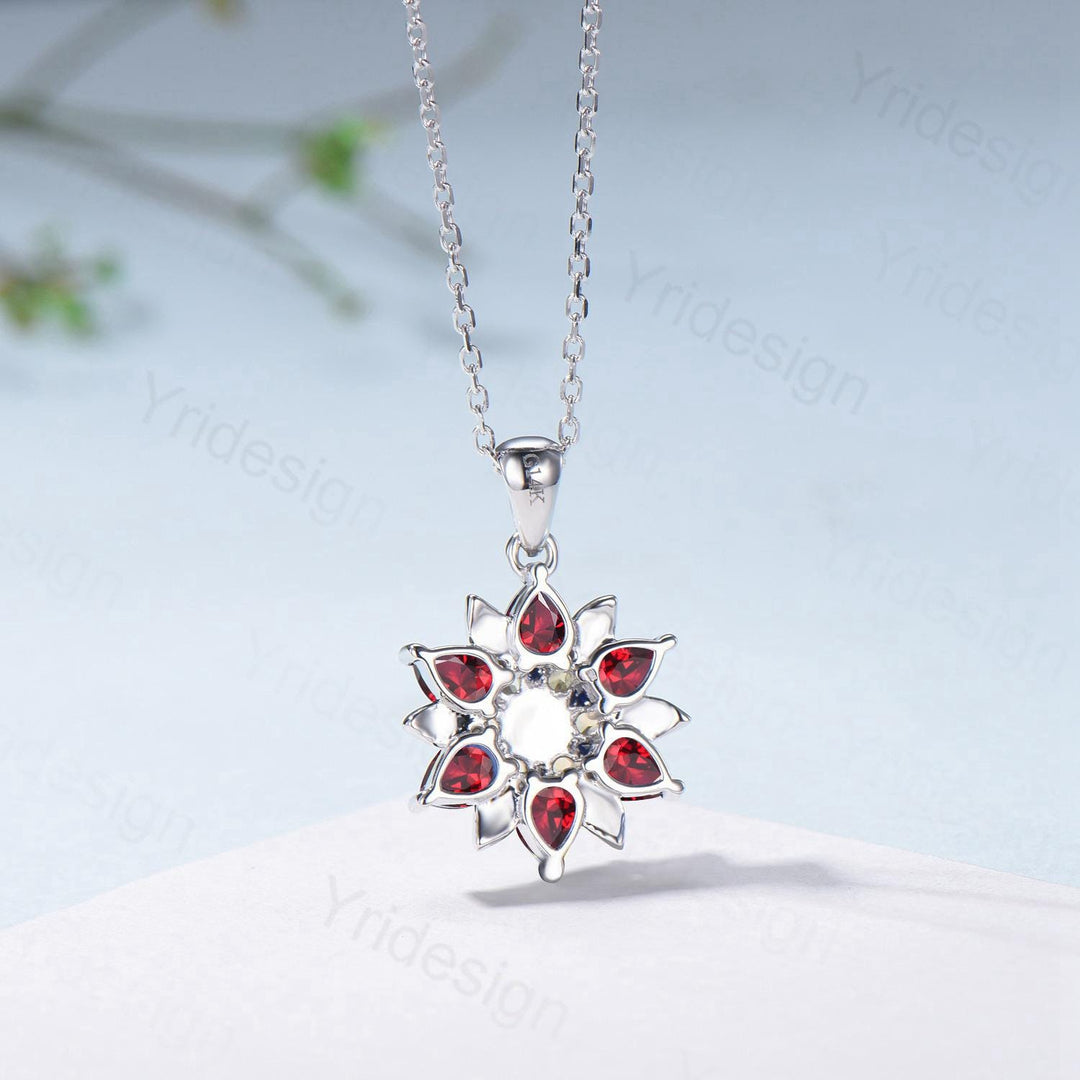 Unique Sunflower Opal Ruby Necklace Elegant Natural Inspired Necklace Double Halo Ruby Opal Floral Pendant Jewelry Anniversary Promise Gift - PENFINE