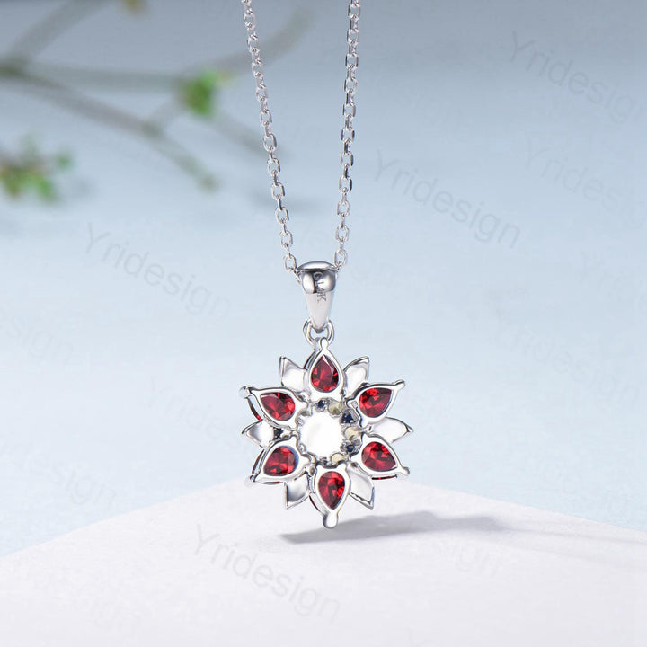 Unique Sunflower Opal Ruby Necklace Elegant Natural Inspired Necklace Double Halo Ruby Opal Floral Pendant Jewelry Anniversary Promise Gift - PENFINE