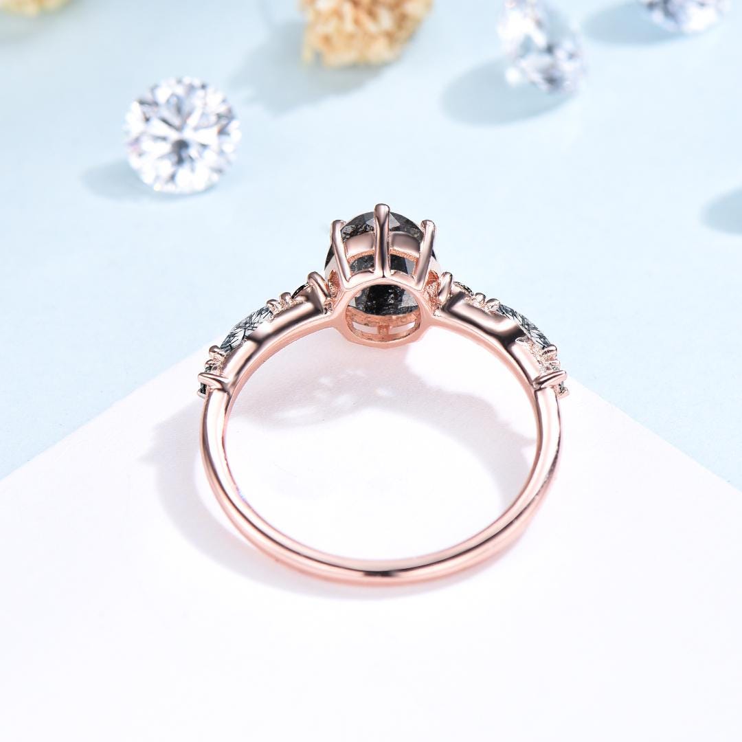 Unique oval cut salt and pepper diamond engagement ring black rutilated quartz spinel handmade promise ring anniversary gift for fiancée - PENFINE