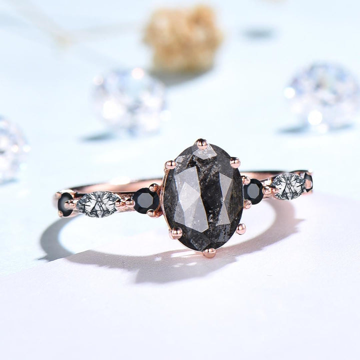 Unique oval cut salt and pepper diamond engagement ring black rutilated quartz spinel handmade promise ring anniversary gift for fiancée - PENFINE