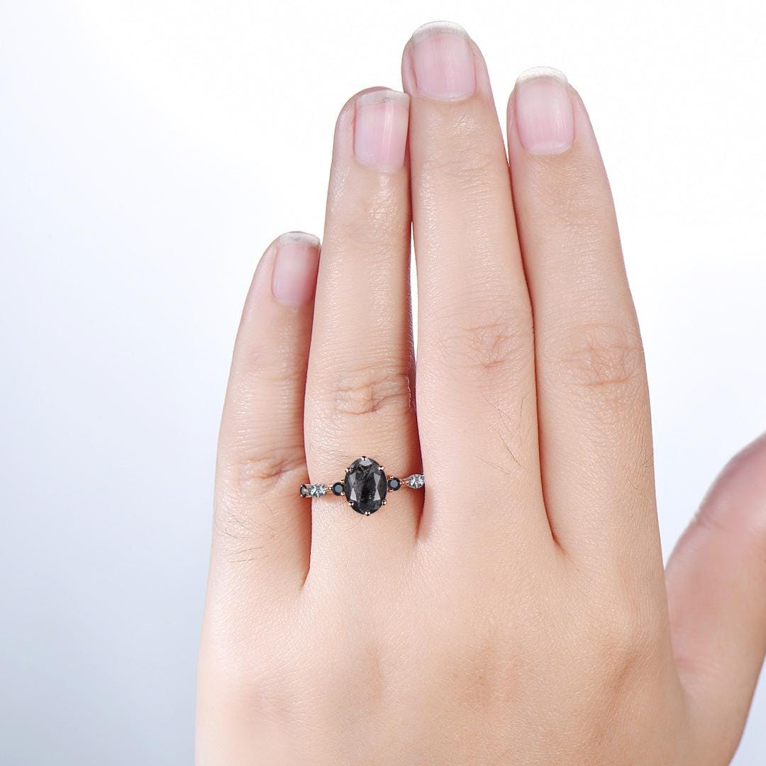 Unique oval cut salt and pepper diamond engagement ring black rutilated quartz spinel handmade promise ring anniversary gift for fiancée - PENFINE