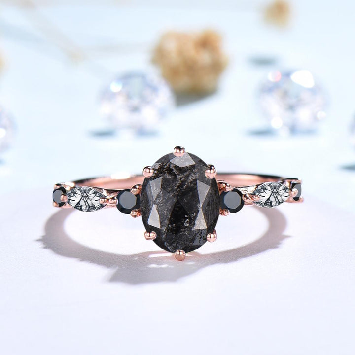 Unique oval cut salt and pepper diamond engagement ring black rutilated quartz spinel handmade promise ring anniversary gift for fiancée - PENFINE