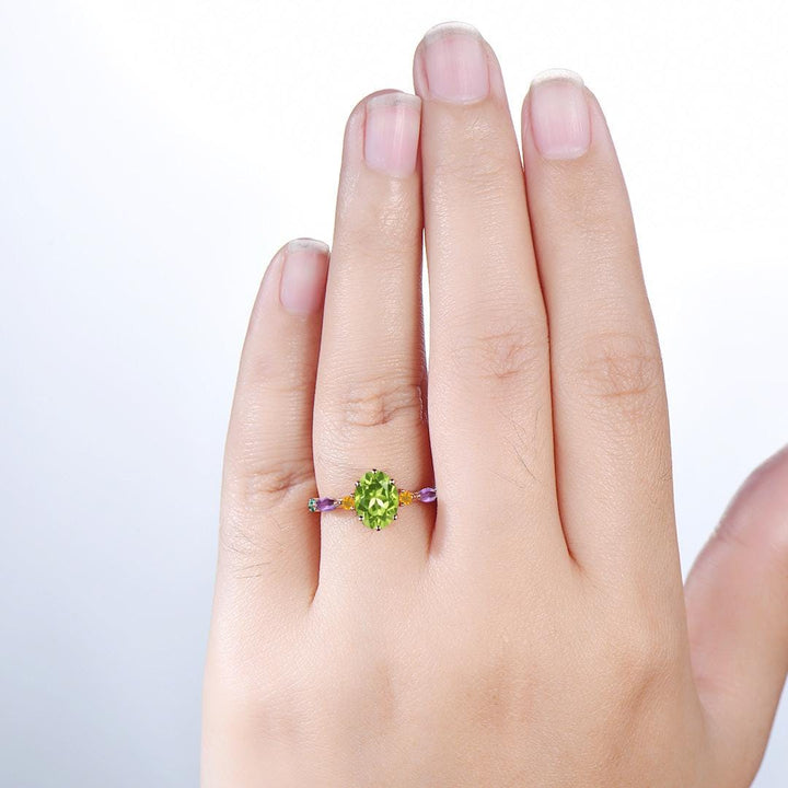 Vintage Oval Cut Peridot Engagement Ring Multi-Stone Cluster Citrine Amethyst Emerald Wedding Ring August Birthstone Anniversary Gift Women - PENFINE
