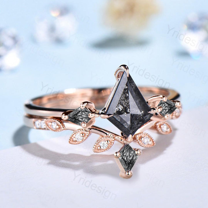Three Stone kite Cut Salt and Pepper Diamond Engagement Ring Set Minimalist Black Rutilated Quartz Promise Ring 2pcs Bridal Wedding Gifts - PENFINE