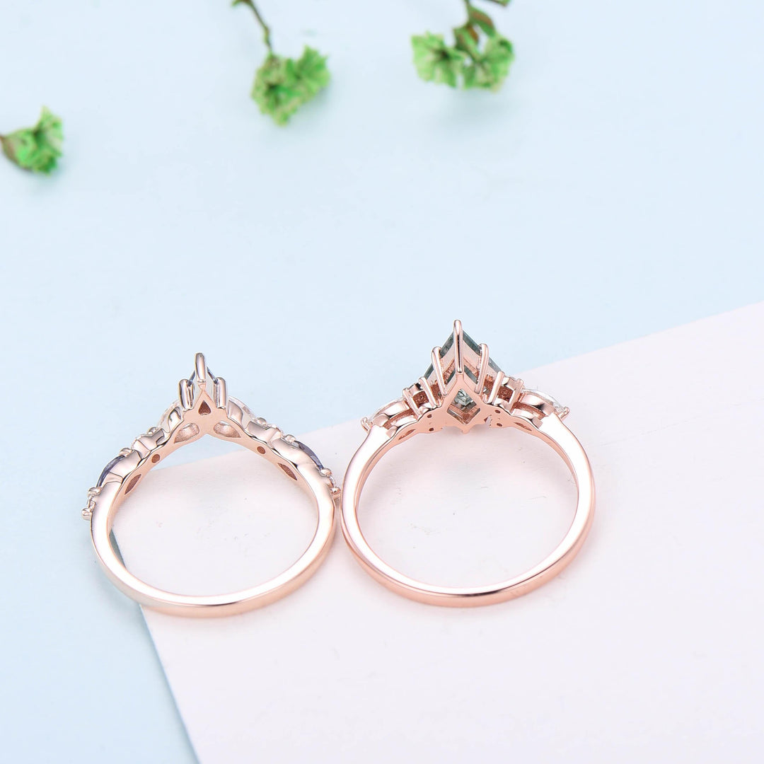 Five Stone kite cut salt and pepper diamond engagement ring set Unique black spinel bridal wedding set handmade anniversary promise gifts - PENFINE