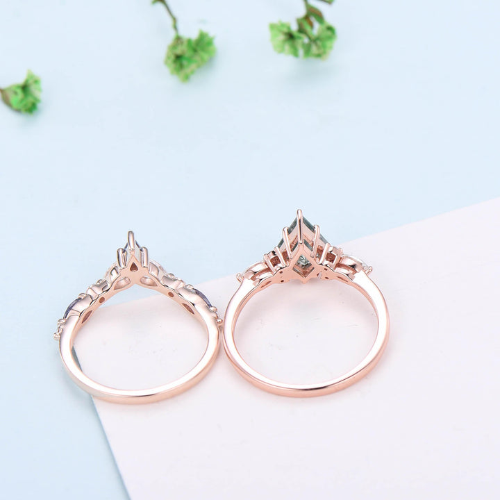 Five Stone kite cut salt and pepper diamond engagement ring set Unique black spinel bridal wedding set handmade anniversary promise gifts - PENFINE