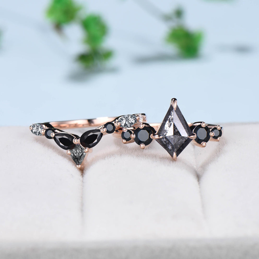 Five Stone kite cut salt and pepper diamond engagement ring set Unique black spinel bridal wedding set handmade anniversary promise gifts - PENFINE