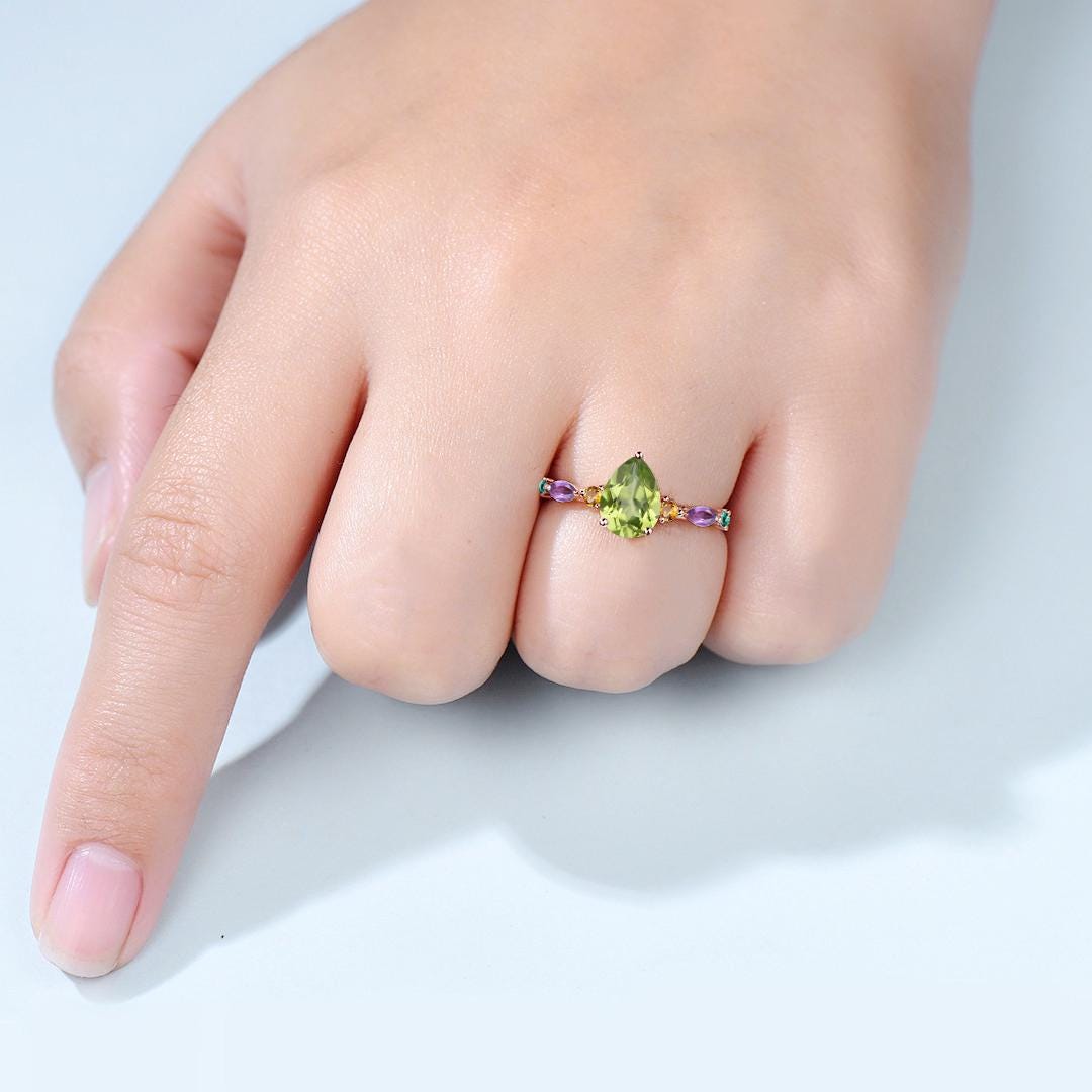 Vintage Pear Shaped Peridot Engagement Ring Multi-Stone Cluster Citrine Amethyst Emerald Wedding Ring Birthday Anniversary Promise Gift - PENFINE