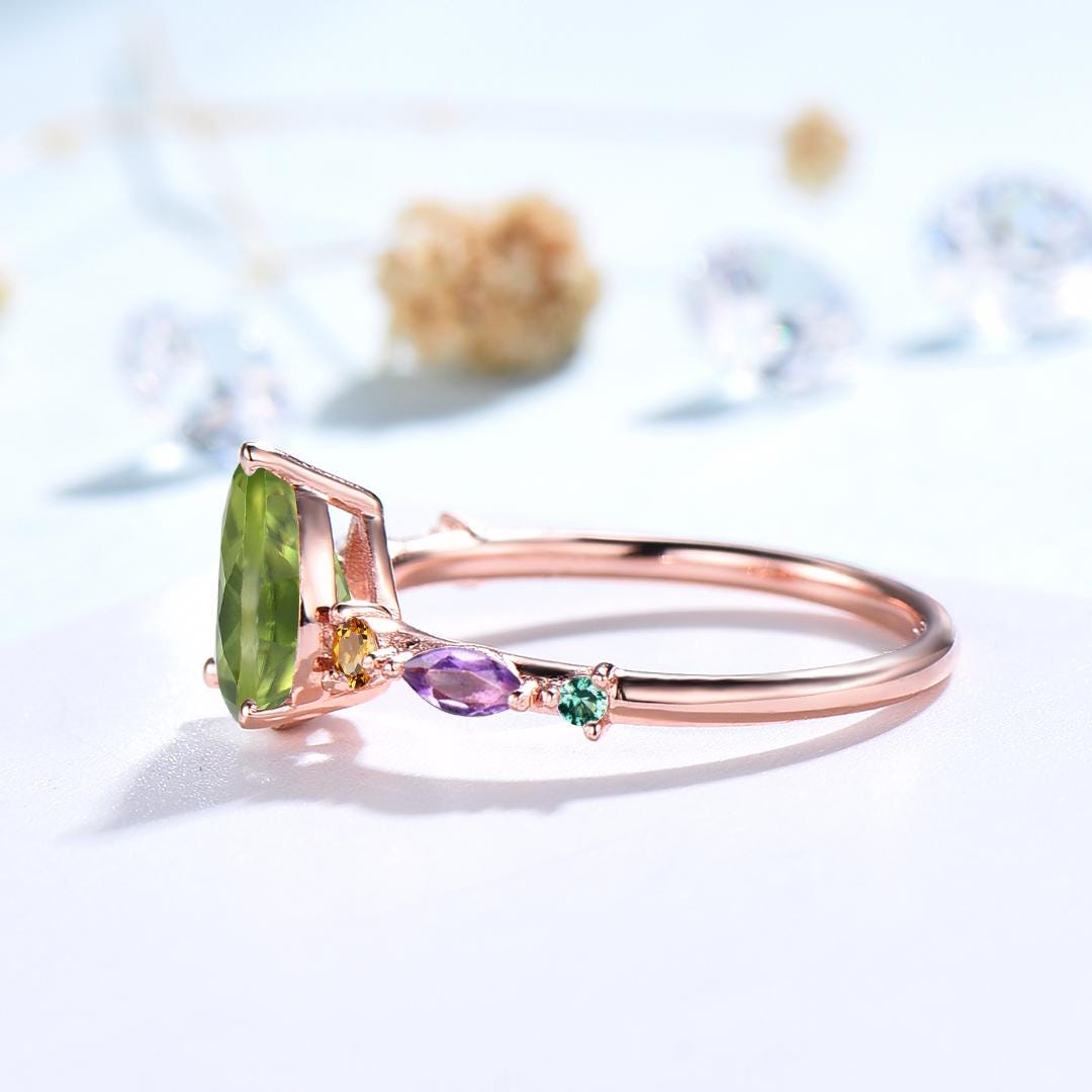 Vintage Pear Shaped Peridot Engagement Ring Multi-Stone Cluster Citrine Amethyst Emerald Wedding Ring Birthday Anniversary Promise Gift - PENFINE