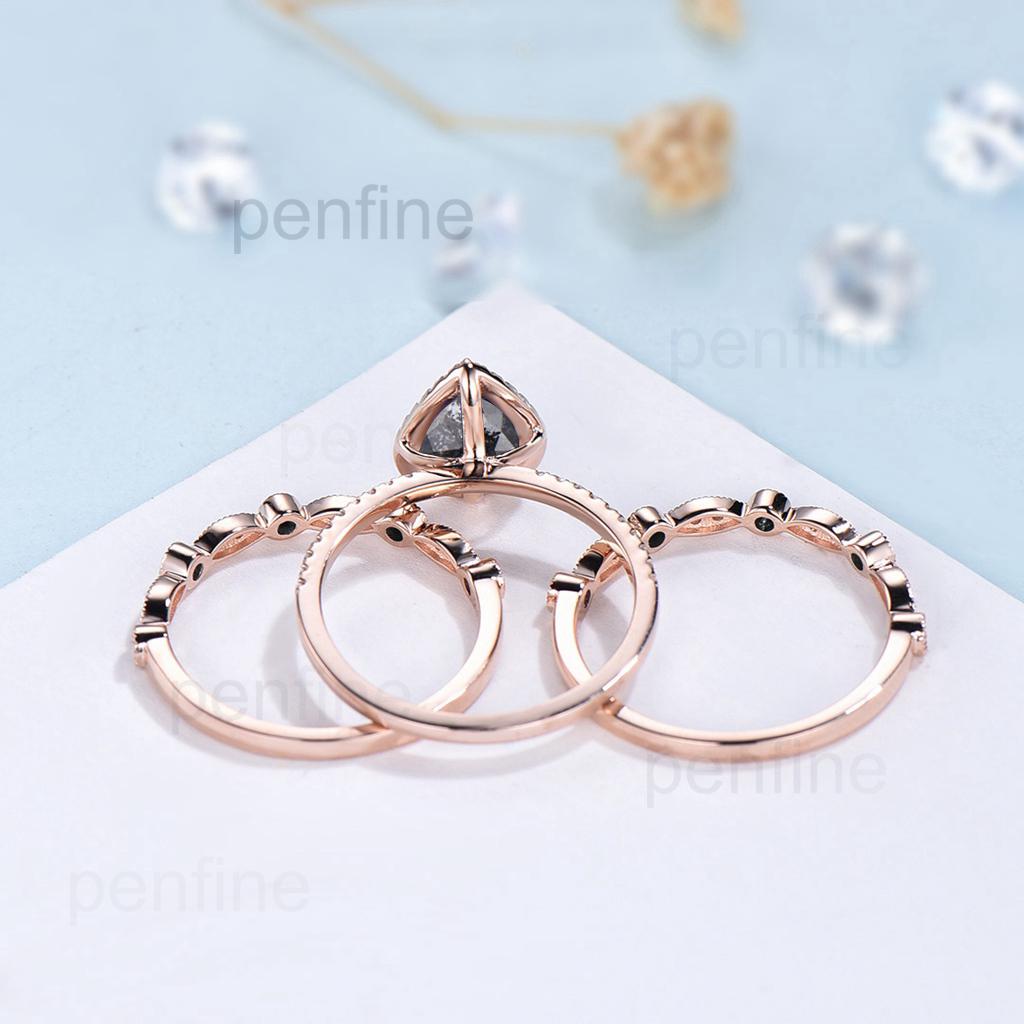 vintage salt and pepper diamond engagement ring set rose gold halo diamond marquise milgrain wedding ring handmade anniversary ring women - PENFINE