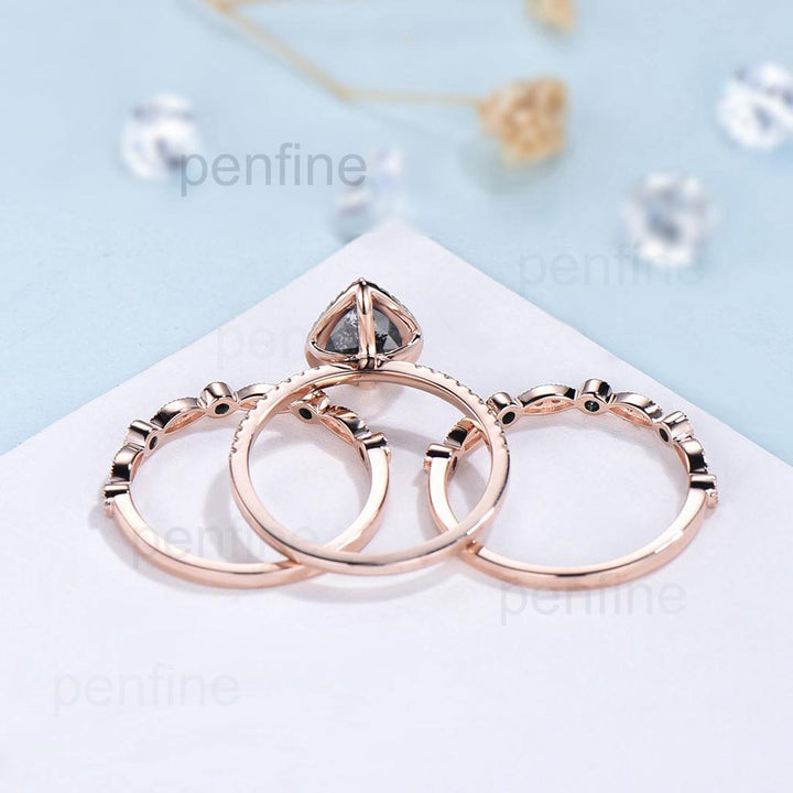 vintage salt and pepper diamond engagement ring set rose gold halo diamond marquise milgrain wedding ring handmade anniversary ring women - PENFINE