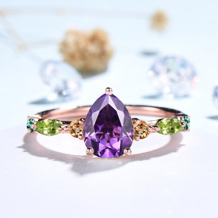 Vintage Pear Shaped Natural Amethyst Engagement Ring Multi-Stone Cluster Citrine Peridot Wedding Ring Feb Birthday Anniversary Promise Gift - PENFINE