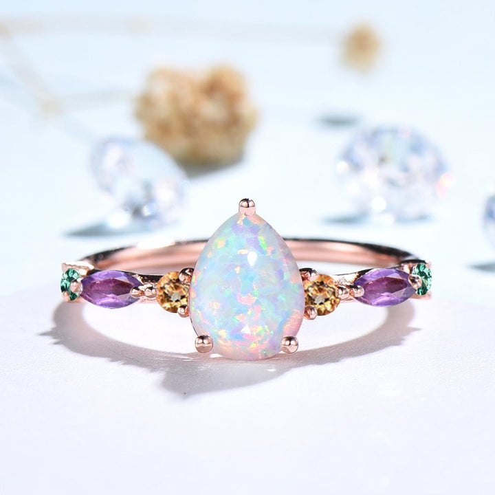 Vintage Pear Shaped Fire Opal Engagement Ring Multi-Stone Cluster Amethyst Emerald Wedding Ring Citrine Birthday Anniversary Promise Gift - PENFINE