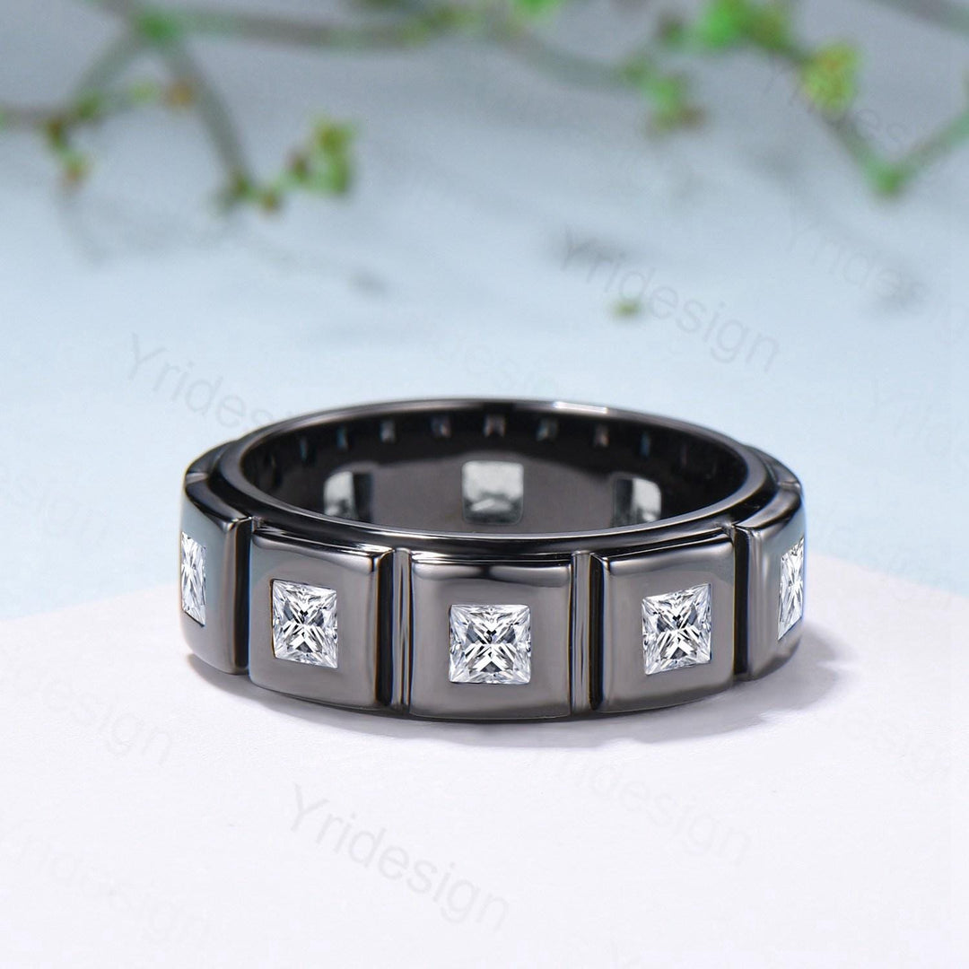 Black Gold Princess Moissanite Wedding Band For Men Unisex Frame Brushed Finish Men's Wedding Ring Anniversary Stacking Matching Band Gift - PENFINE