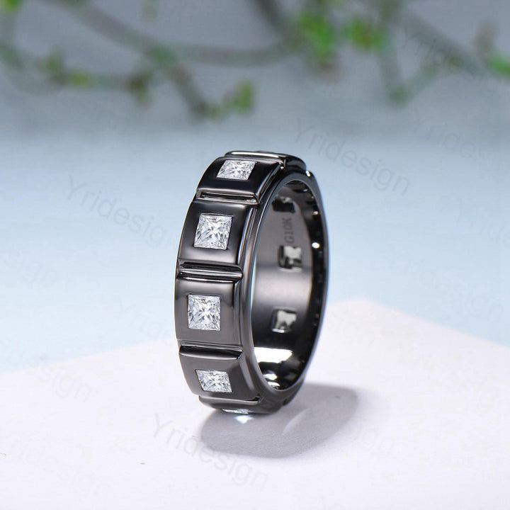 Black Gold Princess Moissanite Wedding Band For Men Unisex Frame Brushed Finish Men's Wedding Ring Anniversary Stacking Matching Band Gift - PENFINE