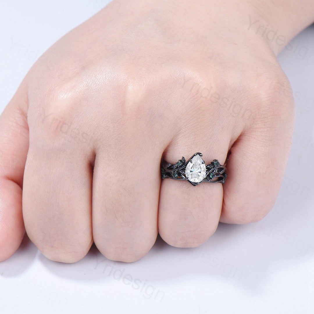 Nature Inspired Pear Shaped Moissanite Engagement Ring Set Unique Black Gold Moissanite Wedding Set Cluster Emerald Anniversary Promise Gift - PENFINE