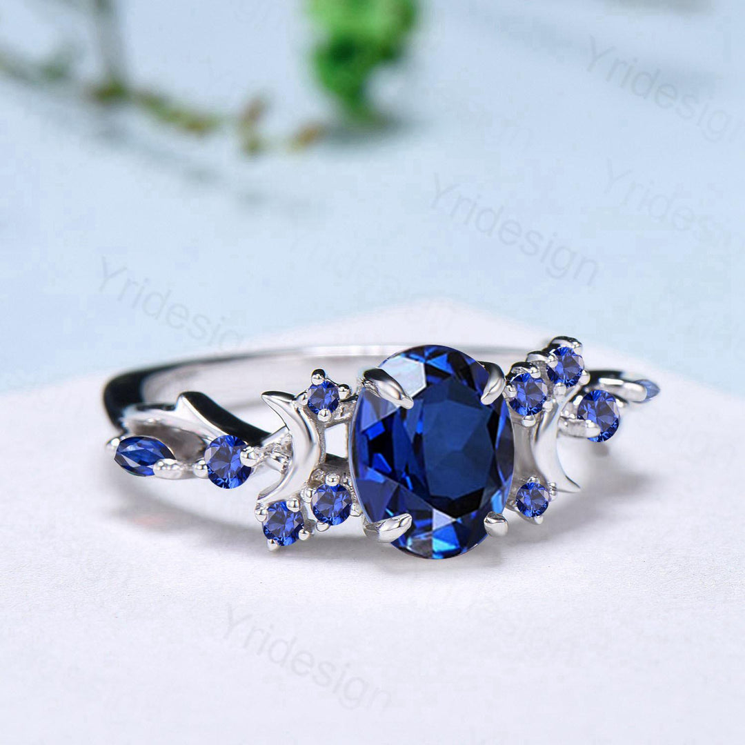 Unique 1.5CT Oval Cut Blue Sapphire Engagement Ring Vintage Moon Promise Ring Twig  Branch Vine Cluster Wedding Ring Anniversary Gift Women - PENFINE