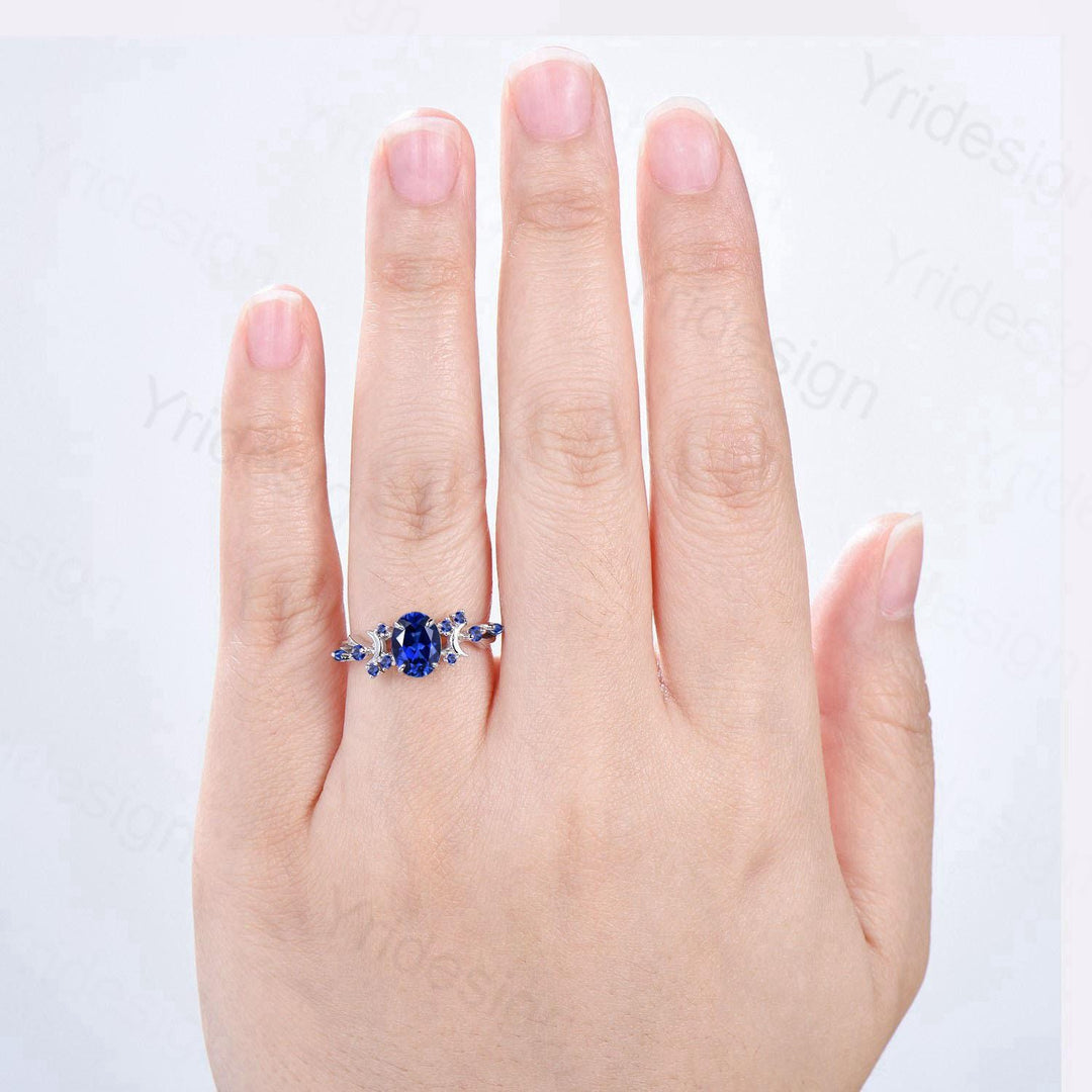 Unique 1.5CT Oval Cut Blue Sapphire Engagement Ring Vintage Moon Promise Ring Twig  Branch Vine Cluster Wedding Ring Anniversary Gift Women - PENFINE