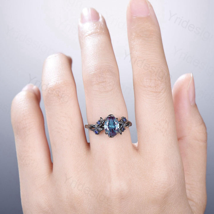 Unique Black Gold Fireworks Cut Oval Cut Alexandrite Engagement Ring Nature Inspired Color Changing Leaf Vine Cluster Sapphire Wedding Ring - PENFINE