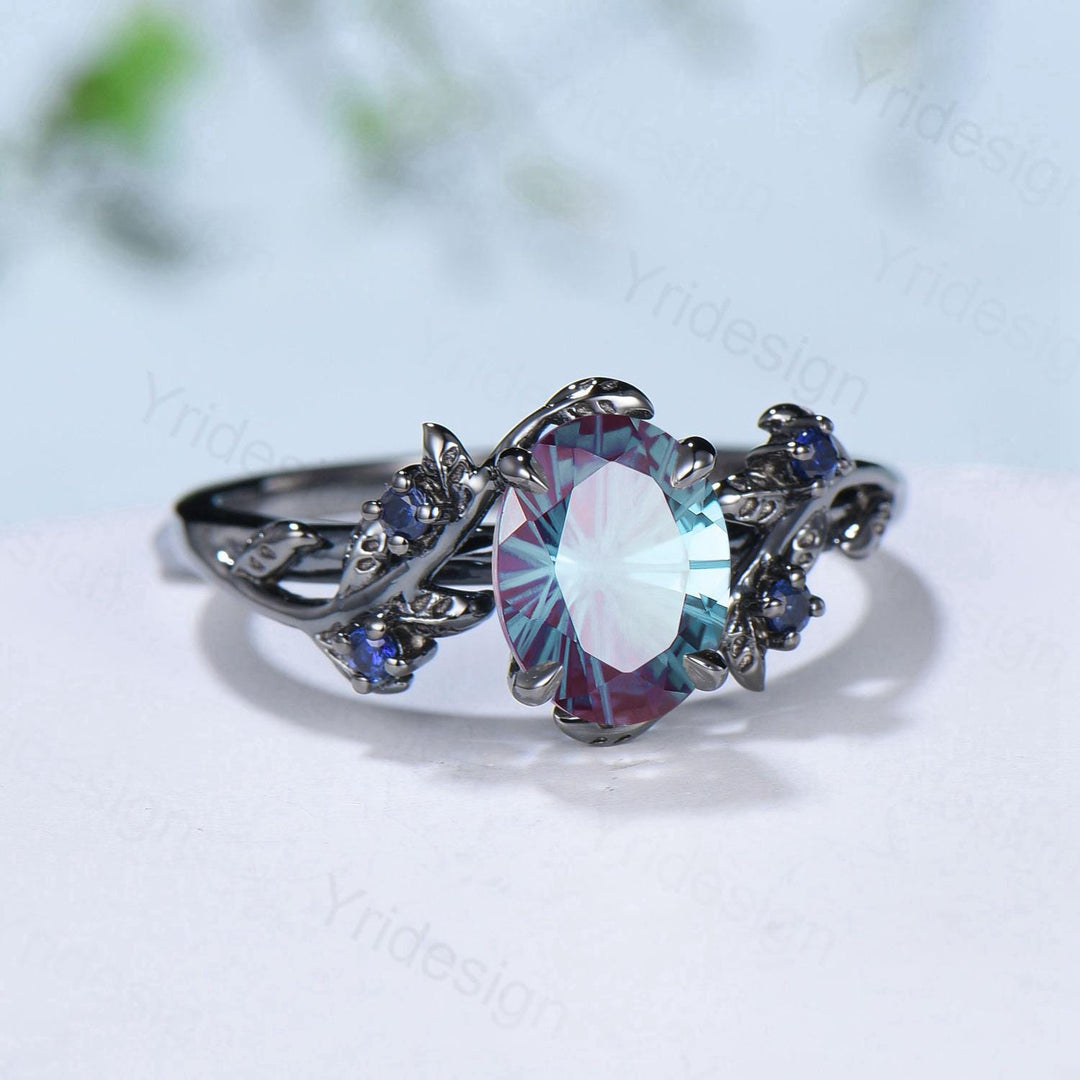 Unique Black Gold Fireworks Cut Oval Cut Alexandrite Engagement Ring Nature Inspired Color Changing Leaf Vine Cluster Sapphire Wedding Ring - PENFINE