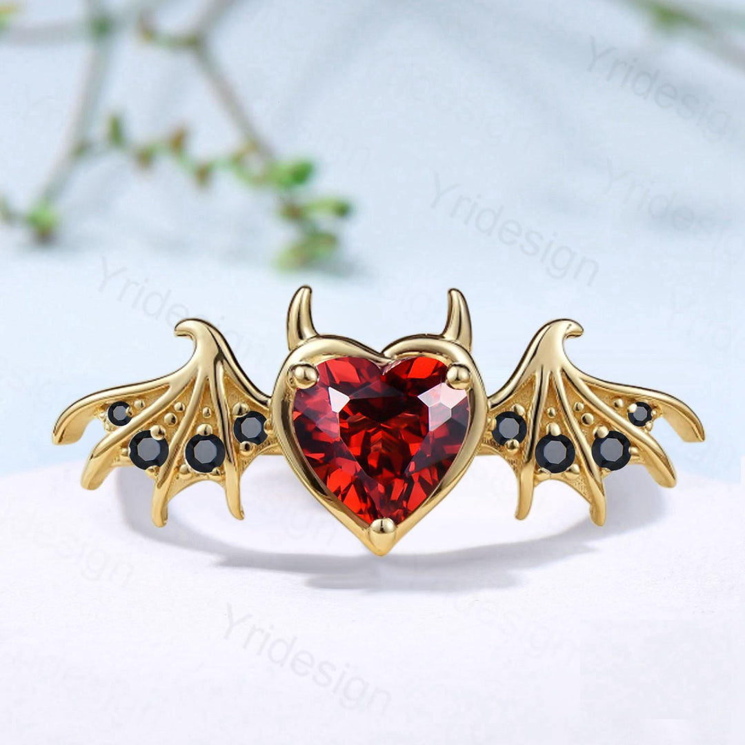 Heart Garnet Bat Wing Ring, Black Spinel Devil Engagement Ring - PENFINE
