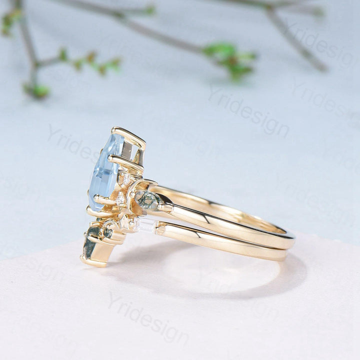 Vintage Kite Cut Natural Aquamarine Engagement Ring Set Yellow Gold Moon Star Cluster Moss Agate Wedding Ring Elegant March Birthstone Ring - PENFINE