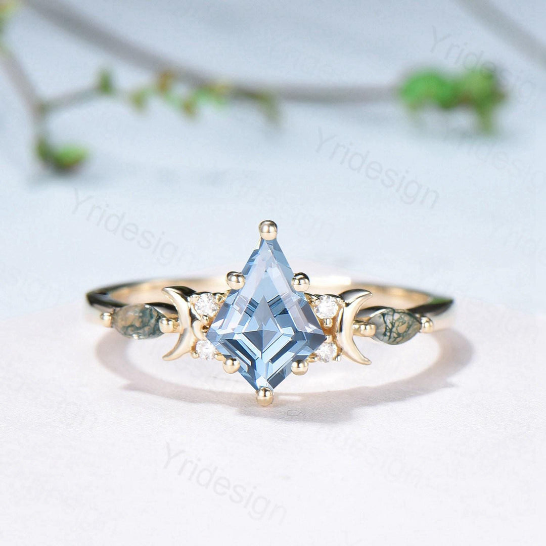 Vintage Kite Cut Natural Aquamarine Engagement Ring Set Yellow Gold Moon Star Cluster Moss Agate Wedding Ring Elegant March Birthstone Ring - PENFINE