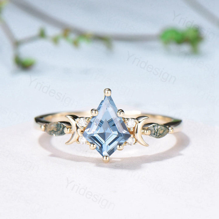 Vintage Kite Cut Natural Aquamarine Engagement Ring Set Yellow Gold Moon Star Cluster Moss Agate Wedding Ring Elegant March Birthstone Ring - PENFINE