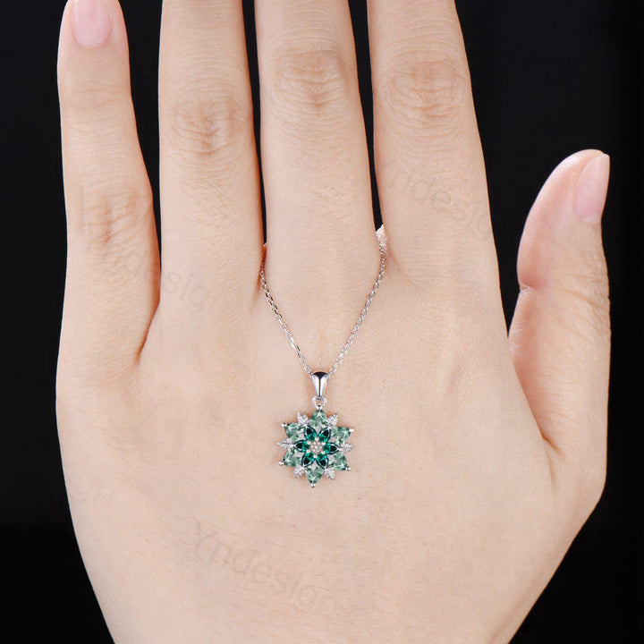 Unique Sunflower Moss Agate Necklace Elegant Natural Inspired Agate Emerald Necklace Double Halo Floral Pendant Leaf Vine Anniversary Gift - PENFINE