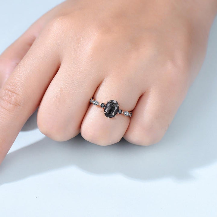 Unique oval cut salt and pepper diamond engagement ring black rutilated quartz spinel handmade promise ring anniversary gift for fiancée - PENFINE