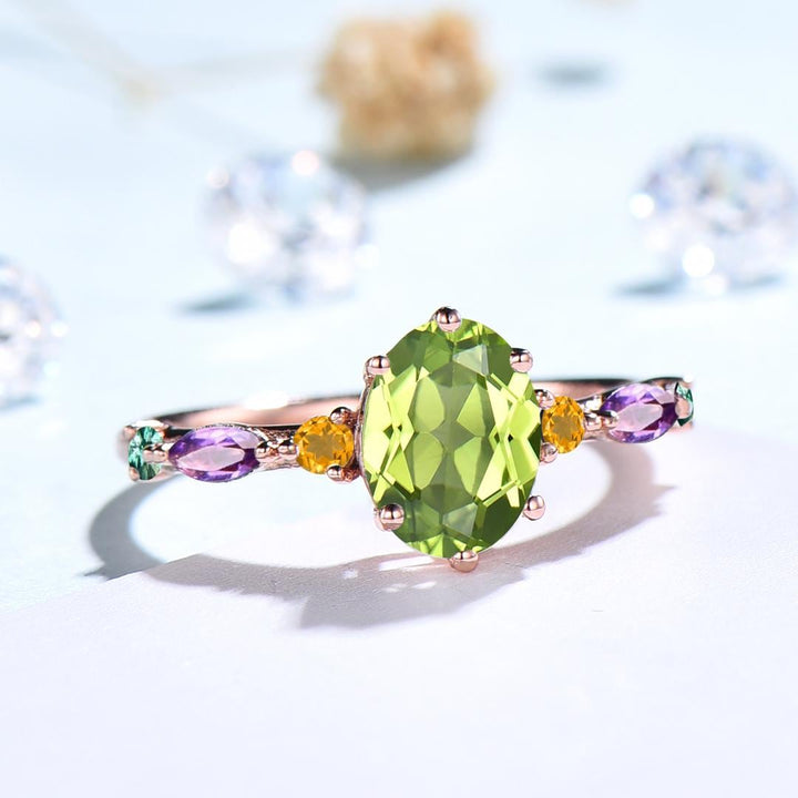 Vintage Oval Cut Peridot Engagement Ring Multi-Stone Cluster Citrine Amethyst Emerald Wedding Ring August Birthstone Anniversary Gift Women - PENFINE