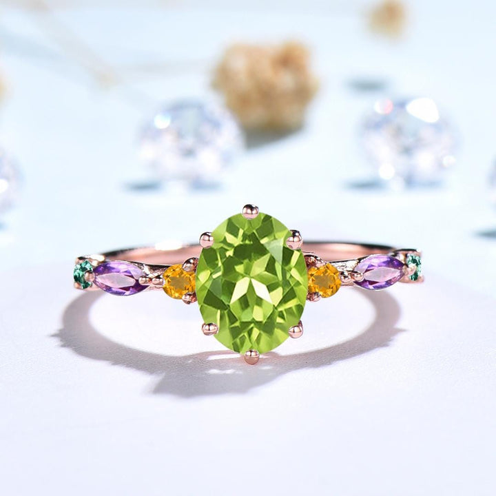 Vintage Oval Cut Peridot Engagement Ring Multi-Stone Cluster Citrine Amethyst Emerald Wedding Ring August Birthstone Anniversary Gift Women - PENFINE