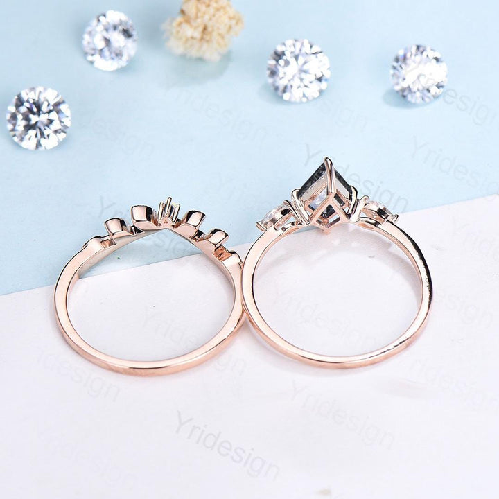 Three Stone kite Cut Salt and Pepper Diamond Engagement Ring Set Minimalist Black Rutilated Quartz Promise Ring 2pcs Bridal Wedding Gifts - PENFINE